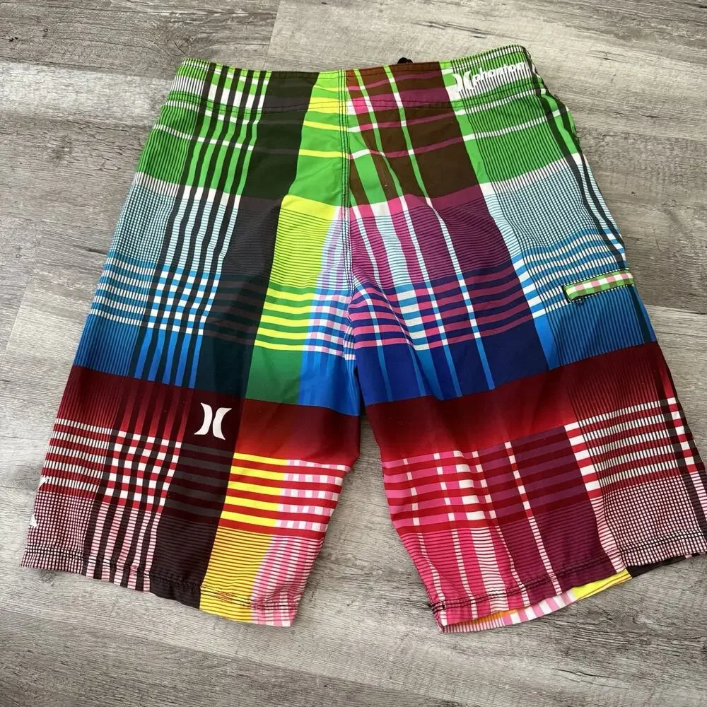 Hurley Phantom Board Shorts Mens 29 LOUD PLAID Blue Green Drawstring Zip Pocket
